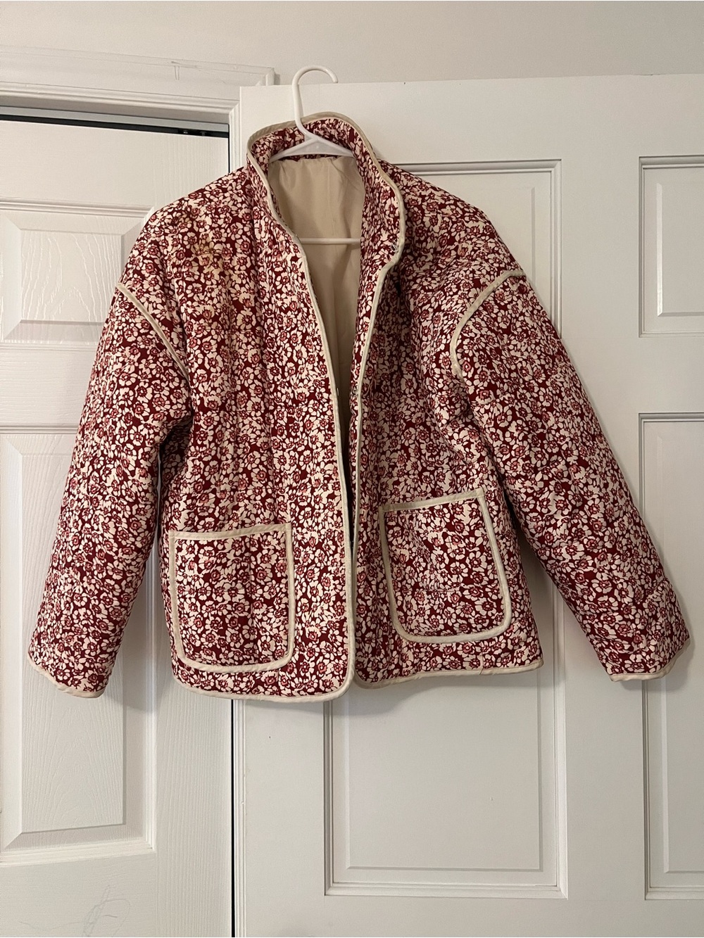 Amazon Red Floral Quilted Puffer Jacket with Cream Trim